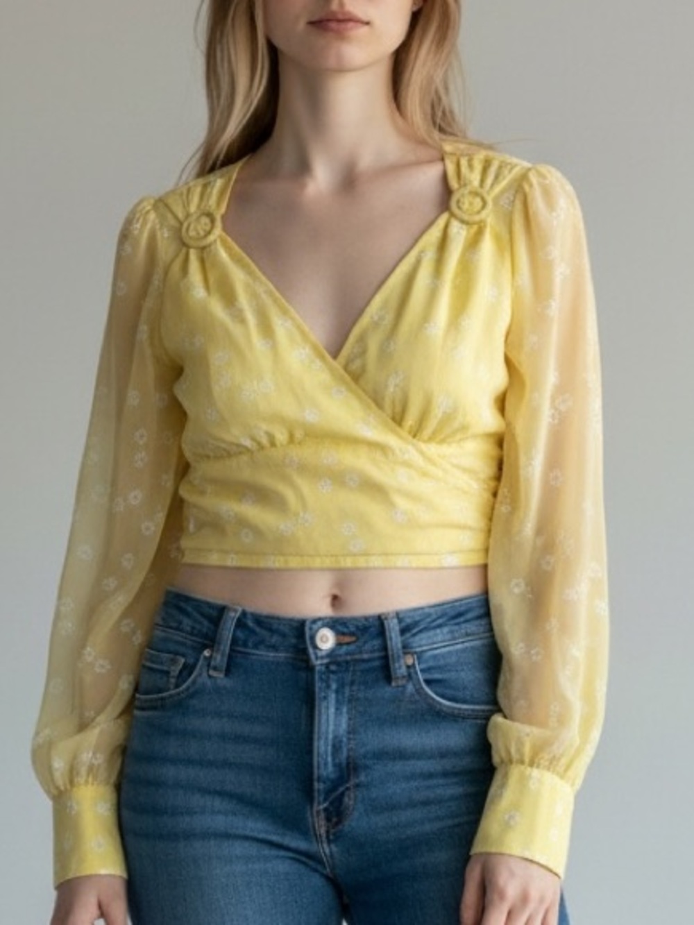 Yellow Floral Wrap Crop Blouse with Sheer Bishop Sleeves